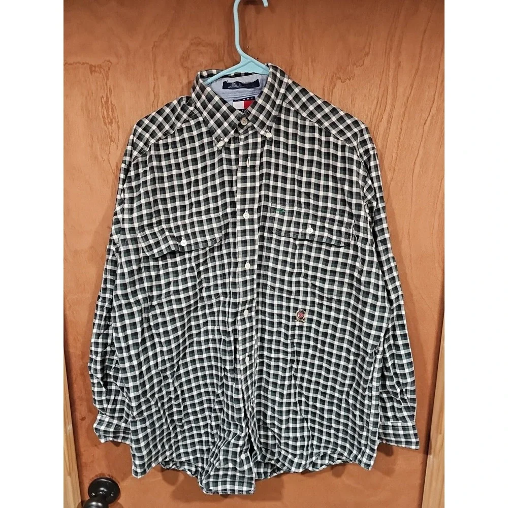 VTG Tommy Hilfiger Shirt Mens Small Button Up Green White Plaid - Picture 1 of 9